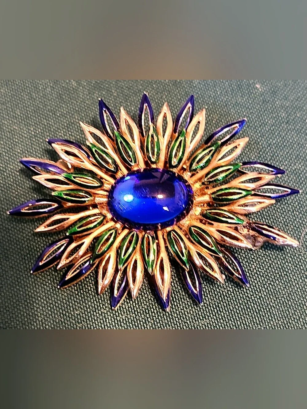 Vintage Crown Trifari Blue Cabochon and Enamel Starburst Brooch